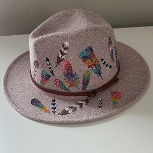 Pink/Mauve Hand Painted Feather Adjustable Hat with Leather Band Brand New